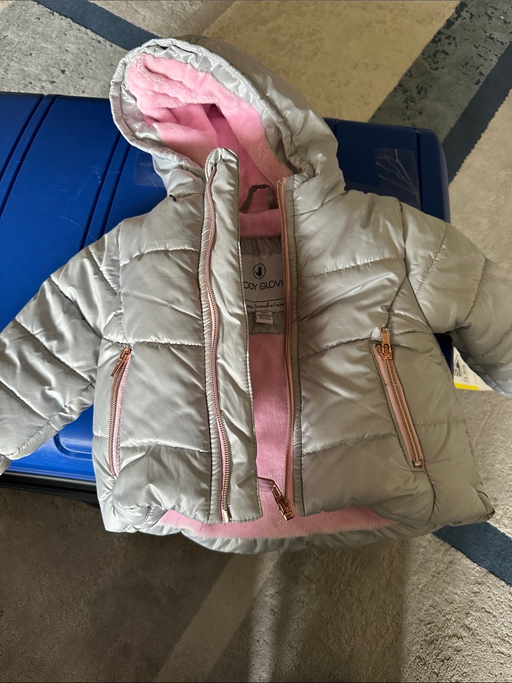 Silver Puffer Jacket with Pink Hood Lining and Rose-Gold Zippers